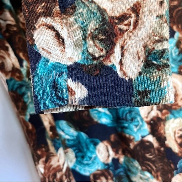 Talbots Pure Merino Wool Cardigan Sz 2XP Brown Blue Rose Button Romantic Floral - Picture 10 of 15